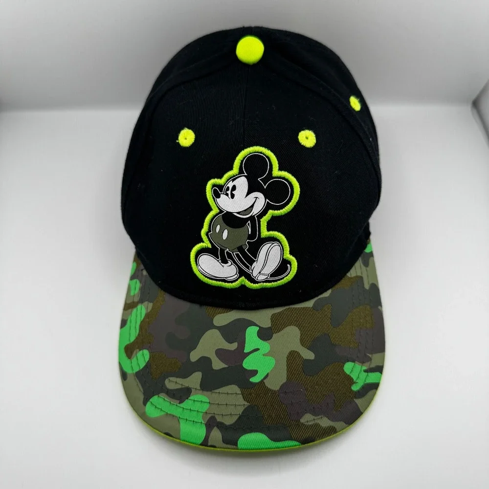 Disney Mickey Mouse Hat Kids OSFM Black Neon Green Camo Good Adjustable Cap